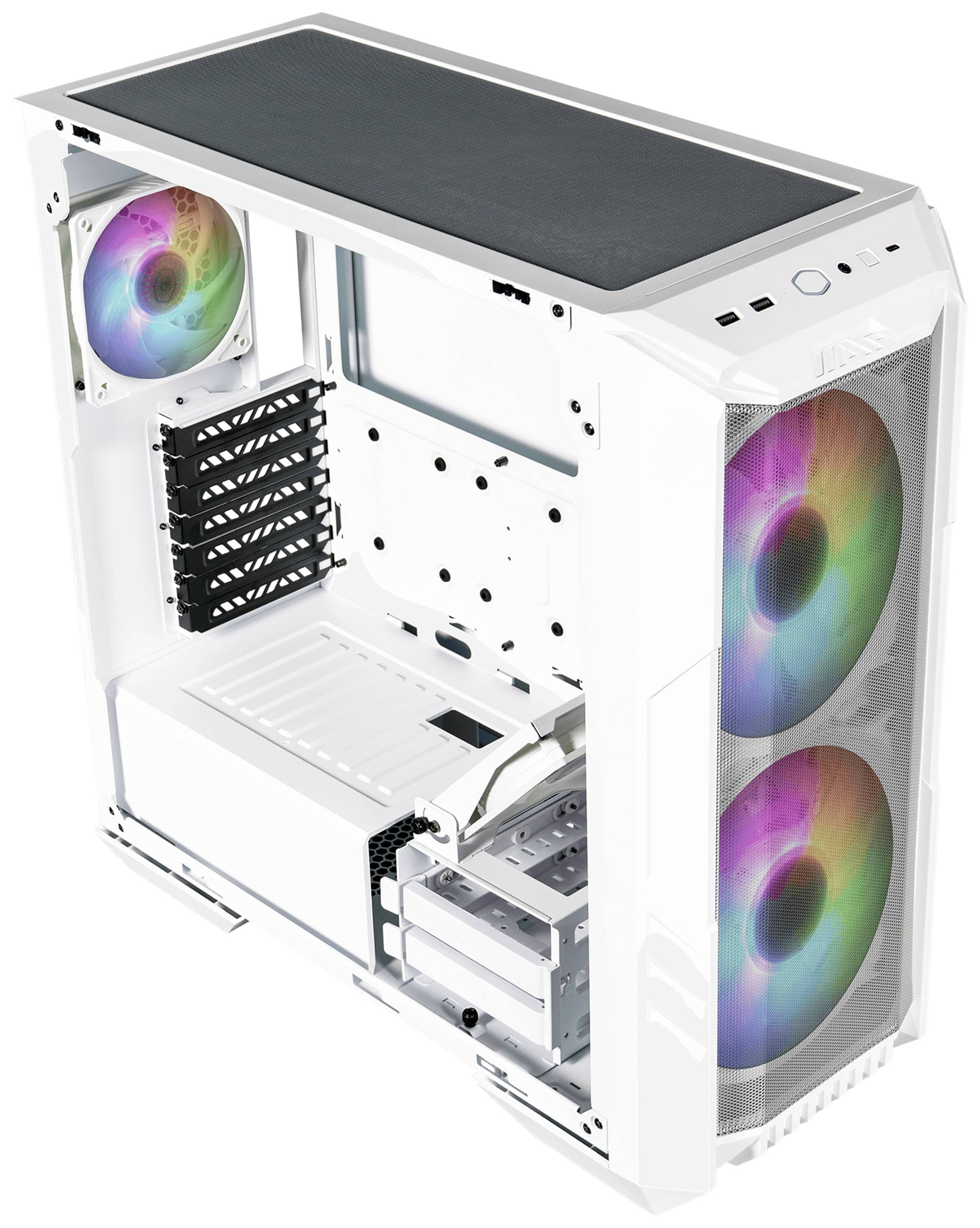 Ein weißes PC-Gehäuse mit offenem Seitenpanel zeigt drei bunte Lüfter in RGB-Beleuchtung. Es bietet Platz für Hardwarekomponenten.