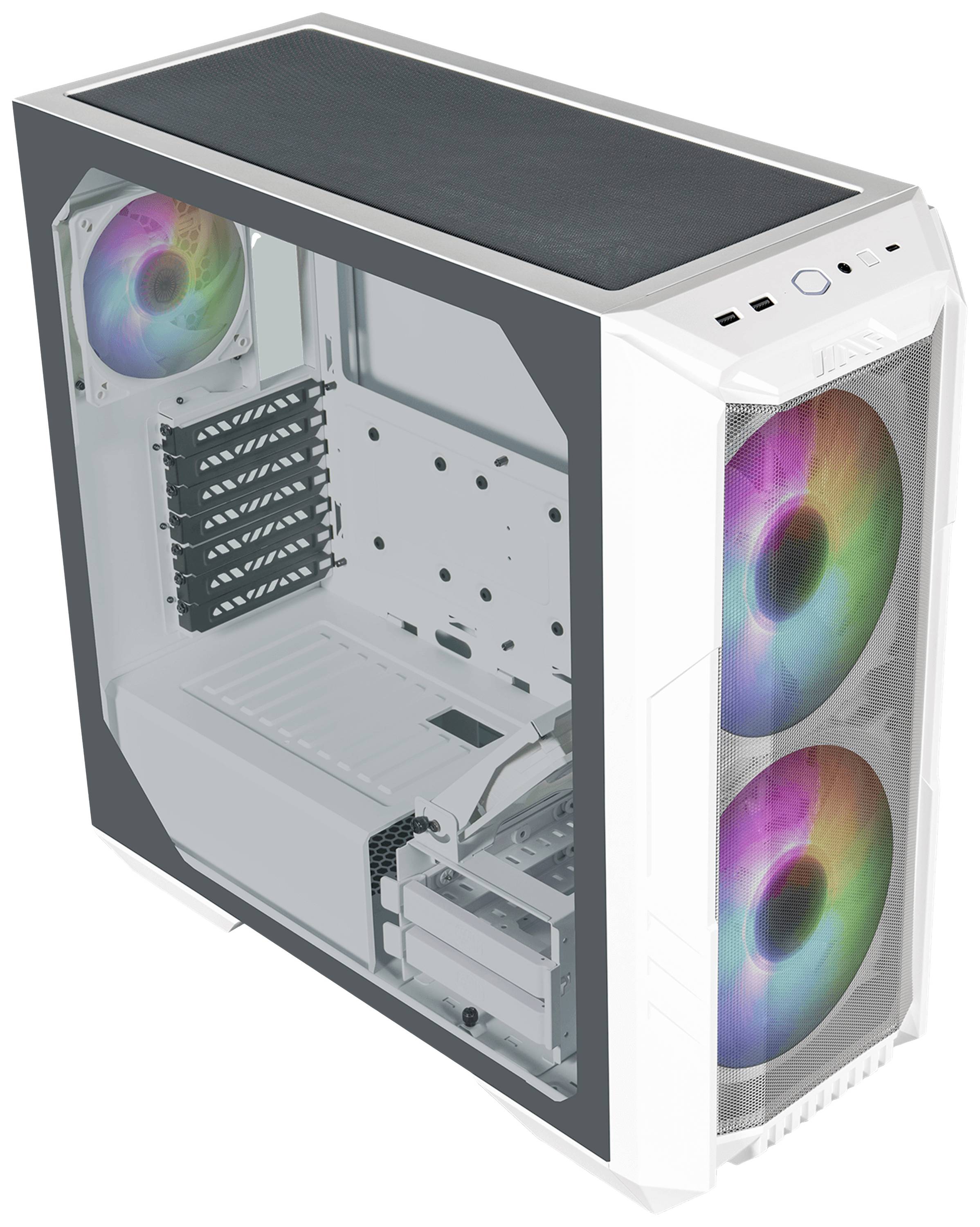 Ein weißes Computergehäuse mit Sichtfenster und drei eingebauten Lüftern mit Regenbogen-LED-Beleuchtung, zwei vorne, einer hinten.