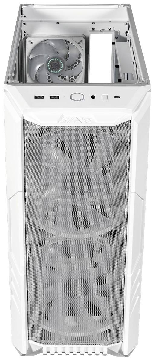 Ein weißes Computergehäuse mit zwei großen Ventilatoren vorne und einem weiteren Ventilator oben.