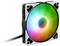 Ein Computerlüfter mit RGB-Beleuchtung zeigt einen Farbverlauf von Blau, Grün, Rot und Gelb. Der Lüfter ist in einem weißen Rahmen montiert.