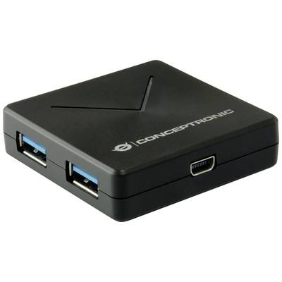 Schwarzes USB-Hub mit dem Markennamen 'Conceptronic' auf der Oberseite. Es hat zwei USB-Anschlüsse und einen Micro-USB-Anschluss.