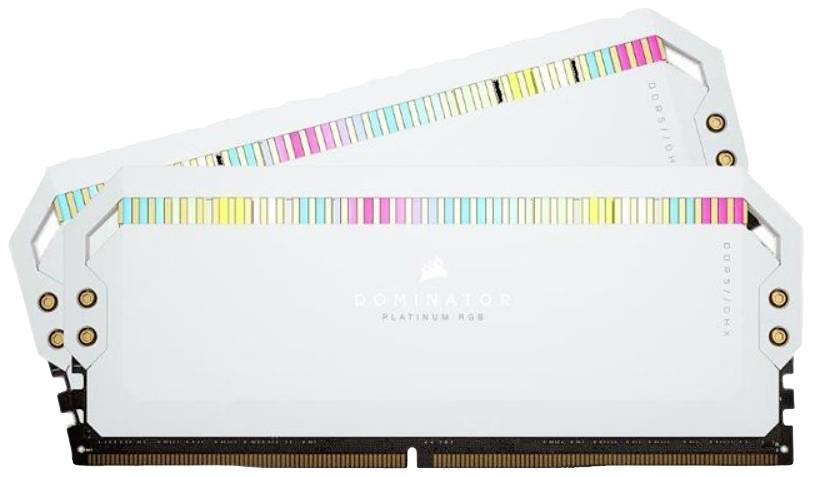 Zwei weiße Computer-RAM-Module mit bunter LED-Beleuchtung, Modell 'Dominator Platinum RGB'.
