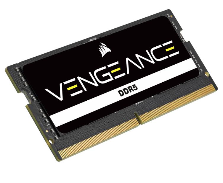 Eine DDR5-RAM-Speicherkarte von Corsair, Modell 'Vengeance', mit schwarzem und gelbem Design, geeignet für Hochleistungskomputer.