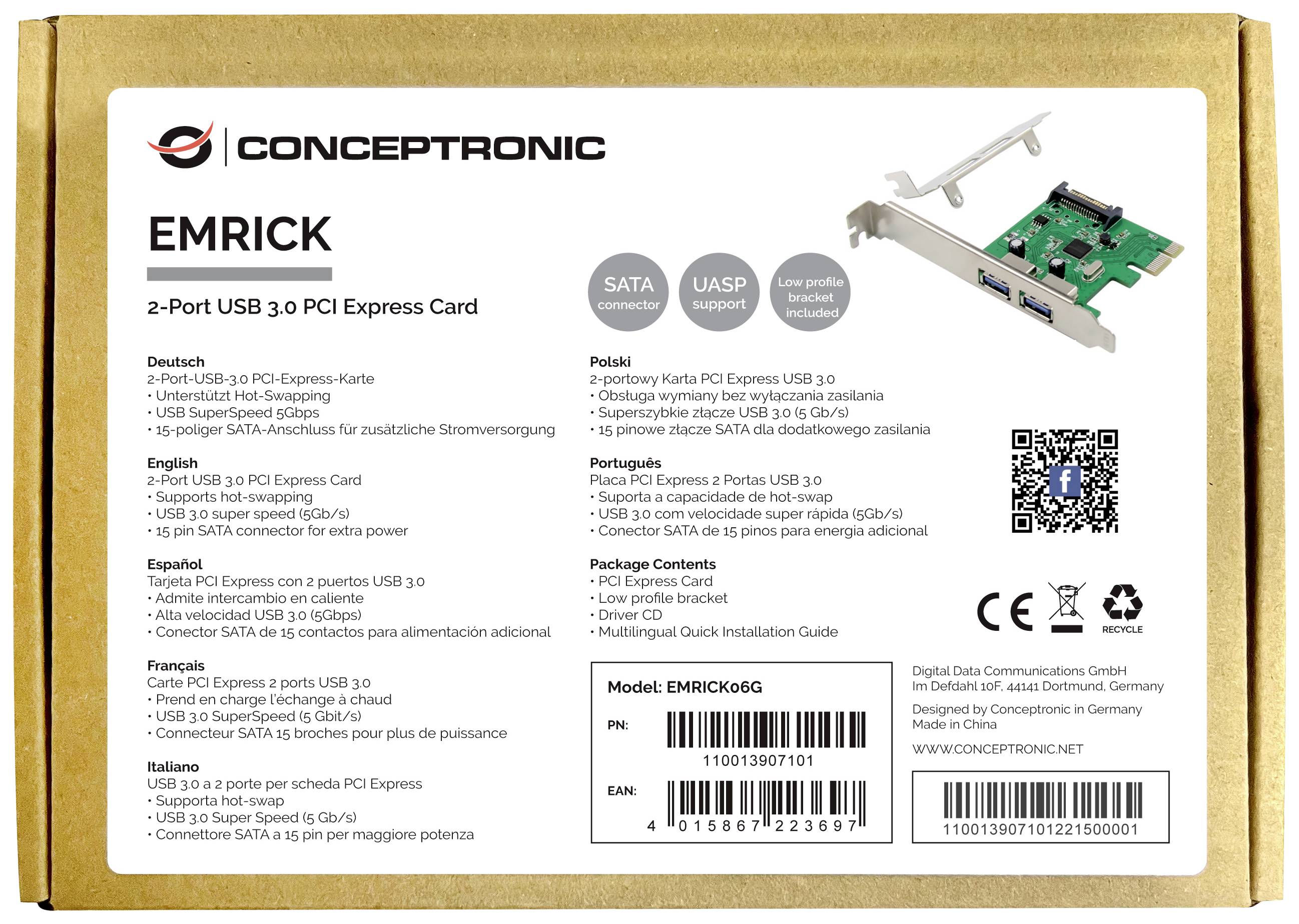 'EMRICK 2-Port USB 3.0 PCI Express Karte' in Verpackung. Zeigt Bild der Karte und relevante technische Spezifikationen. Enthält QR-Code.