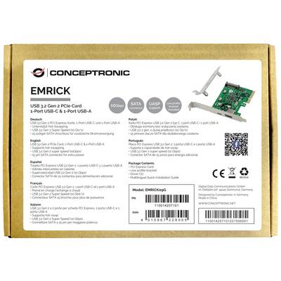 'Verpackung einer Conceptronic EMRICK PCIe-Karte mit USB 3.2 Gen 2 Port. Enthält technische Spezifikationen und Lieferumfang.'