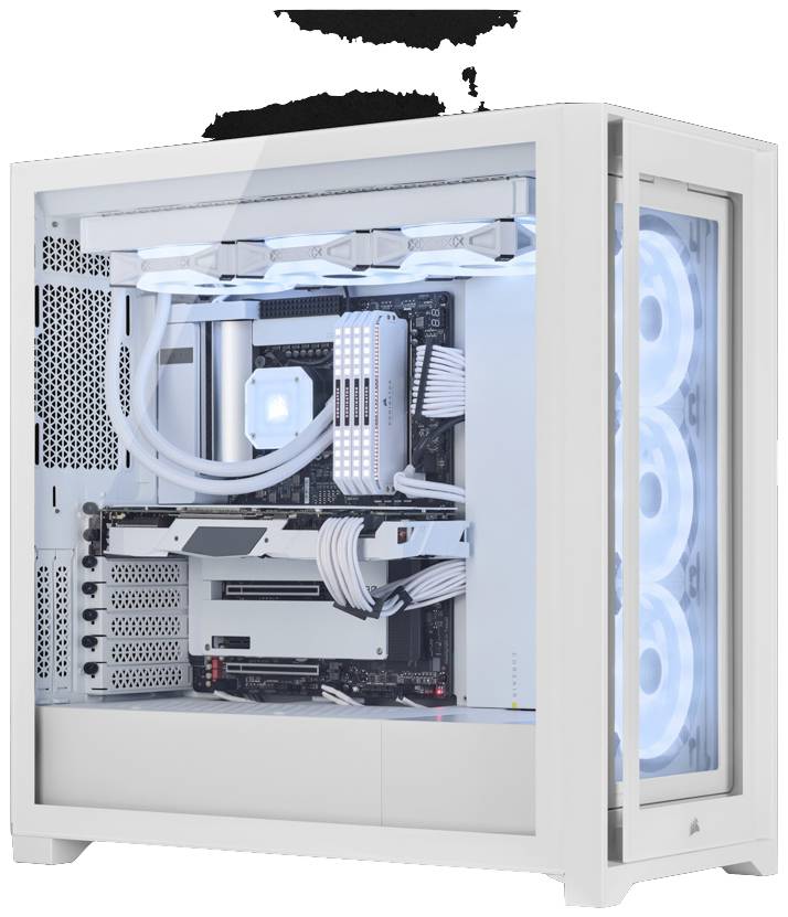 Weißer Computer-Tower mit durchsichtigem Gehäuse, leistungsstarker Grafikkarte und LED-beleuchteten Lüftern. modernes Design.