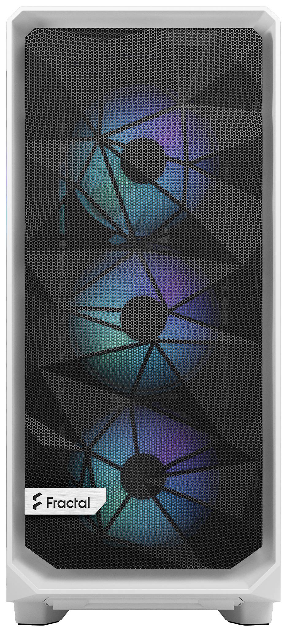 Computergehäuse mit beleuchteten Lüftern und geometrischem Muster auf der Frontabdeckung. Die Beleuchtung wechselt in Regenbogenfarben.