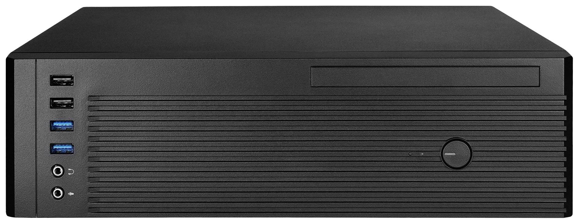 Schwarzer Desktop-Computer im Querformat, zeigt die Front mit USB-Anschlüssen, Kopfhörerbuchse und Netzschalter.