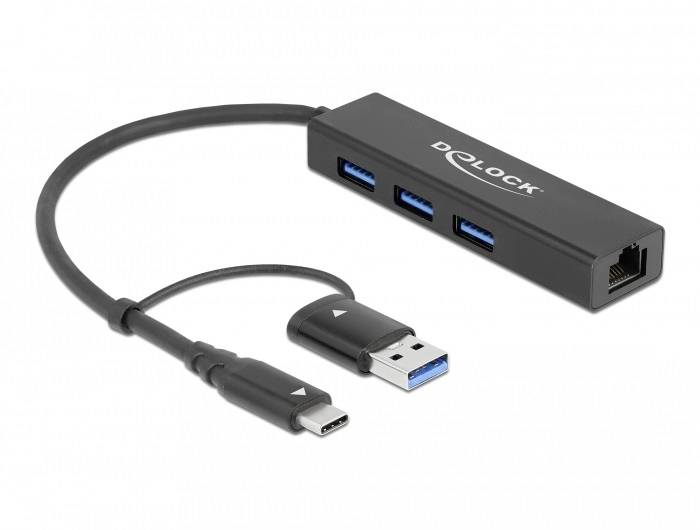 'USB-C Hub mit drei USB 3.0 Ports und einem Ethernet-Anschluss, verbunden über ein kurzes Kabel mit einem USB-C-Stecker.'