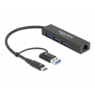 'USB-C Hub mit drei USB 3.0 Ports und einem Ethernet-Anschluss, verbunden über ein kurzes Kabel mit einem USB-C-Stecker.'