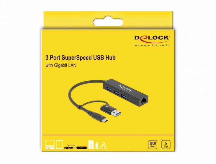 '3 Port SuperSpeed USB Hub mit Gigabit LAN' auf gelber Verpackung, zeigt Bild eines USB-Hubs mit drei Ports und LAN-Anschluss.