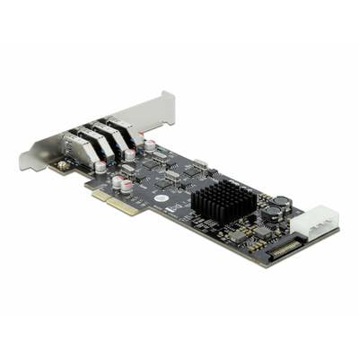 Eine schwarze PCI-Express-Erweiterungskarte für Computer mit mehreren Ports und elektronischen Komponenten auf der Platine.