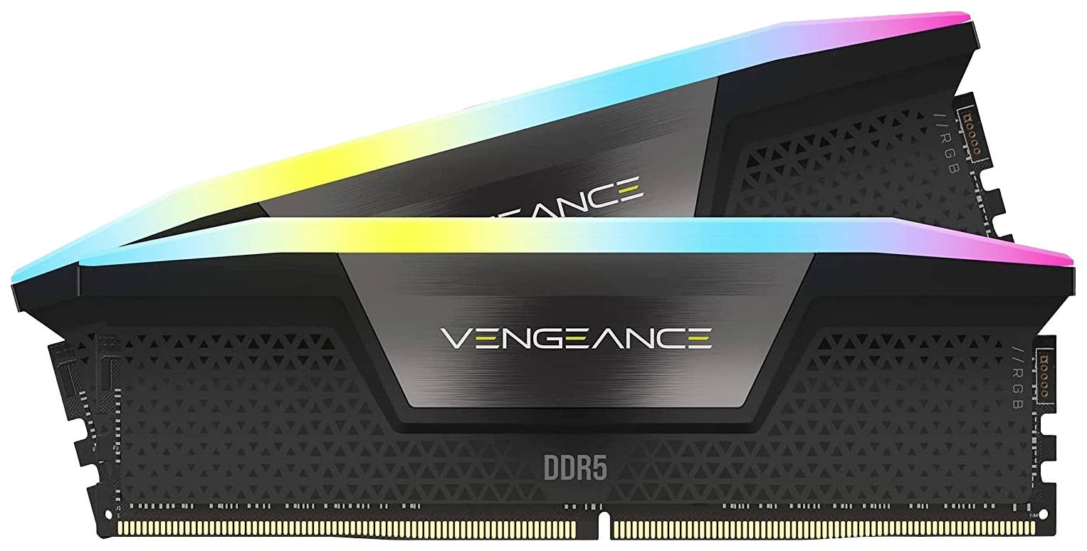 Zwei Corsair Vengeance DDR5-RAM-Module mit RGB-Beleuchtung, zeigen ein modernes Design und richten sich an PC-Enthusiasten.