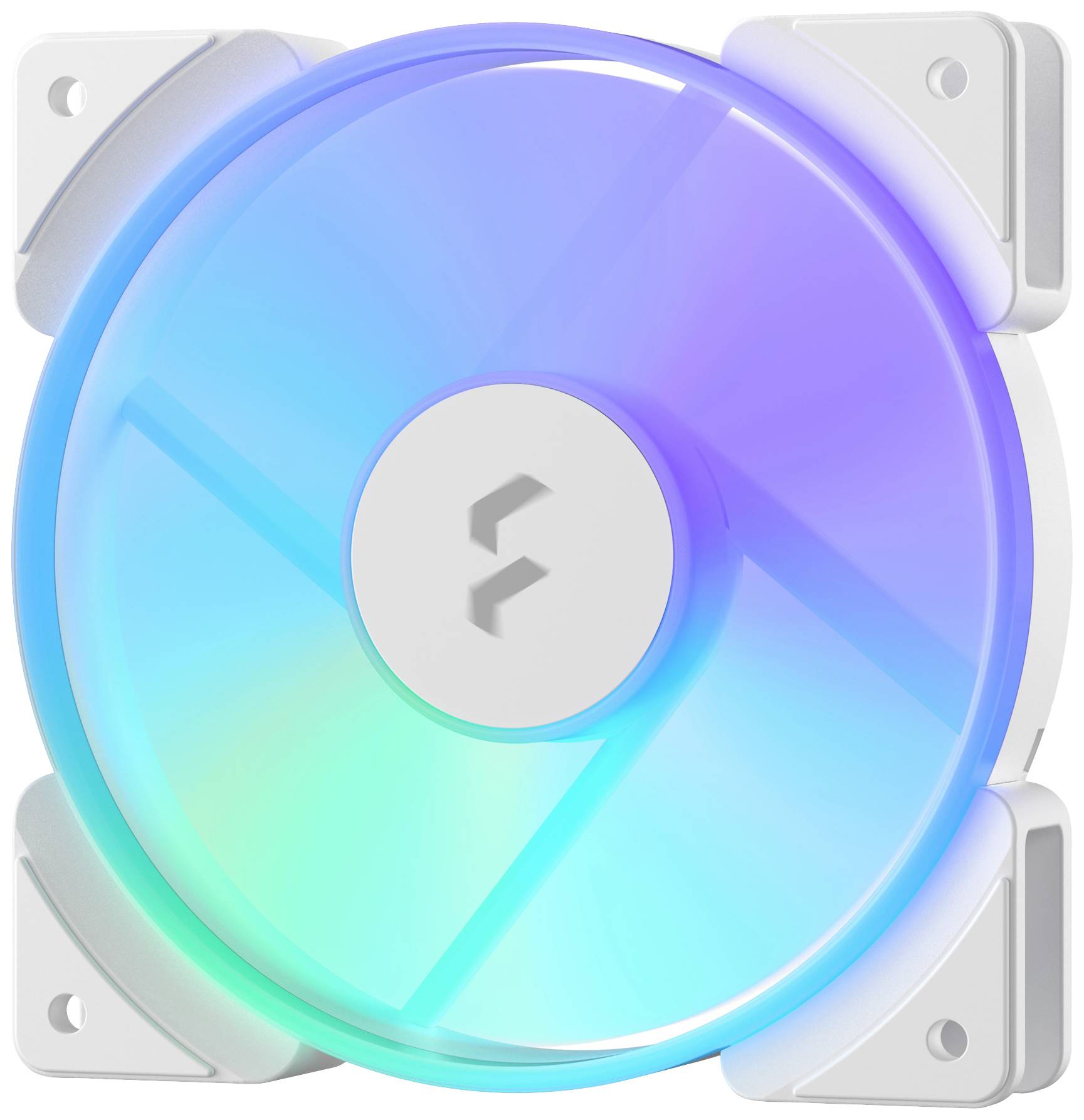 Ein beleuchteter Computerlüfter in bunten RGB-Farben, zeigt verschiedene Farbtöne von Blau bis Lila, montiert in einem Gehäuse.