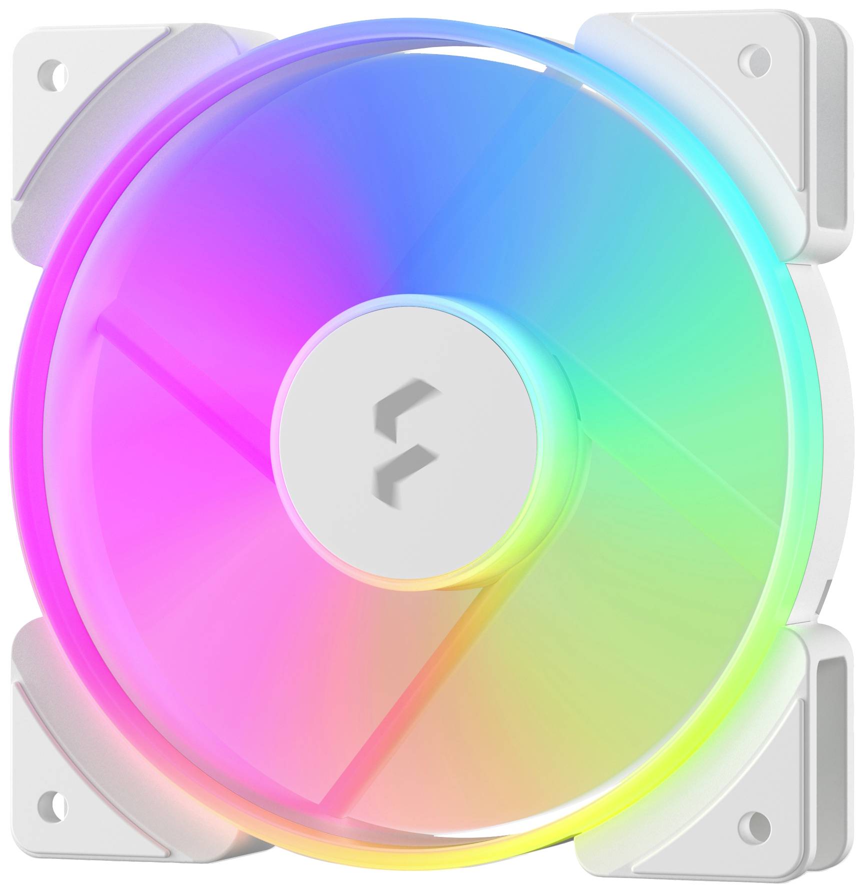 Lüfter mit regenbogenfarbiger LED-Beleuchtung, quadratischem Rahmen und zentralem Logo, ideal für Computergehäuse-Kühlung.