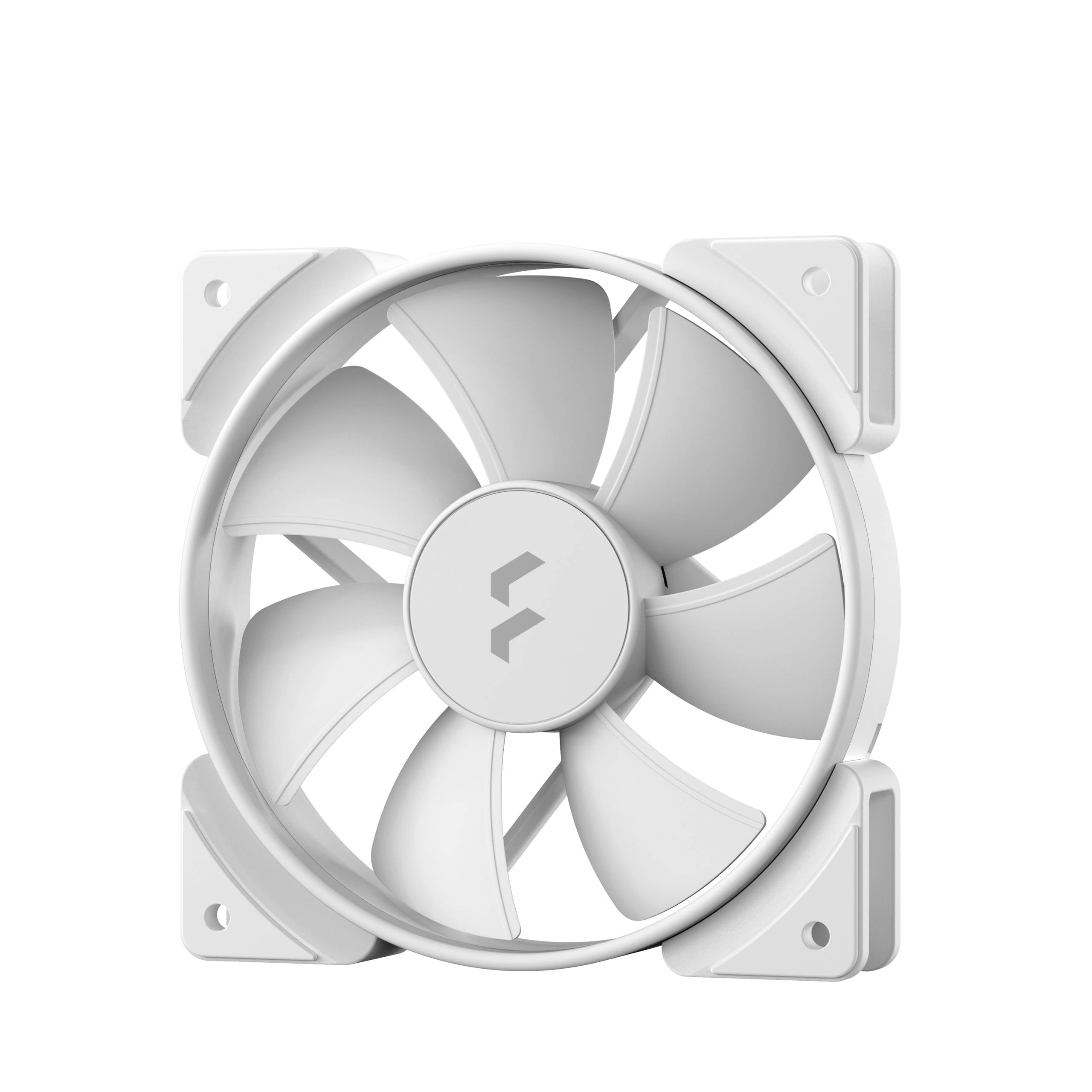 Ein weißer, quadratischer Lüfter mit mehreren Blättern, montierbar mit vier Eckschrauben. Ideal zur Kühlung elektronischer Geräte.