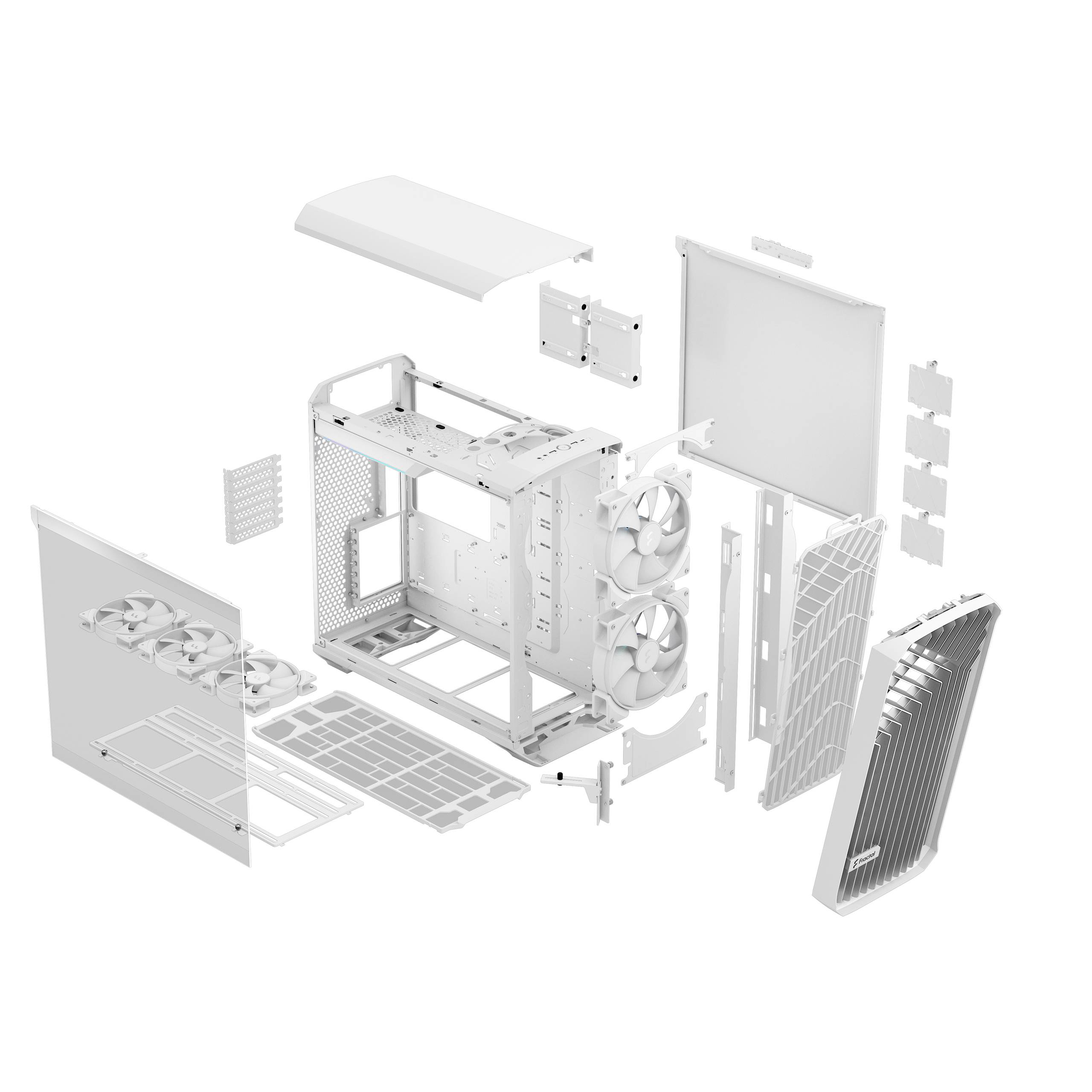 Zerlegte Ansicht eines weißen Computergehäuses mit sichtbaren Teilen wie Seitenwände, Lüfter und Rahmen, die den Aufbau zeigen.
