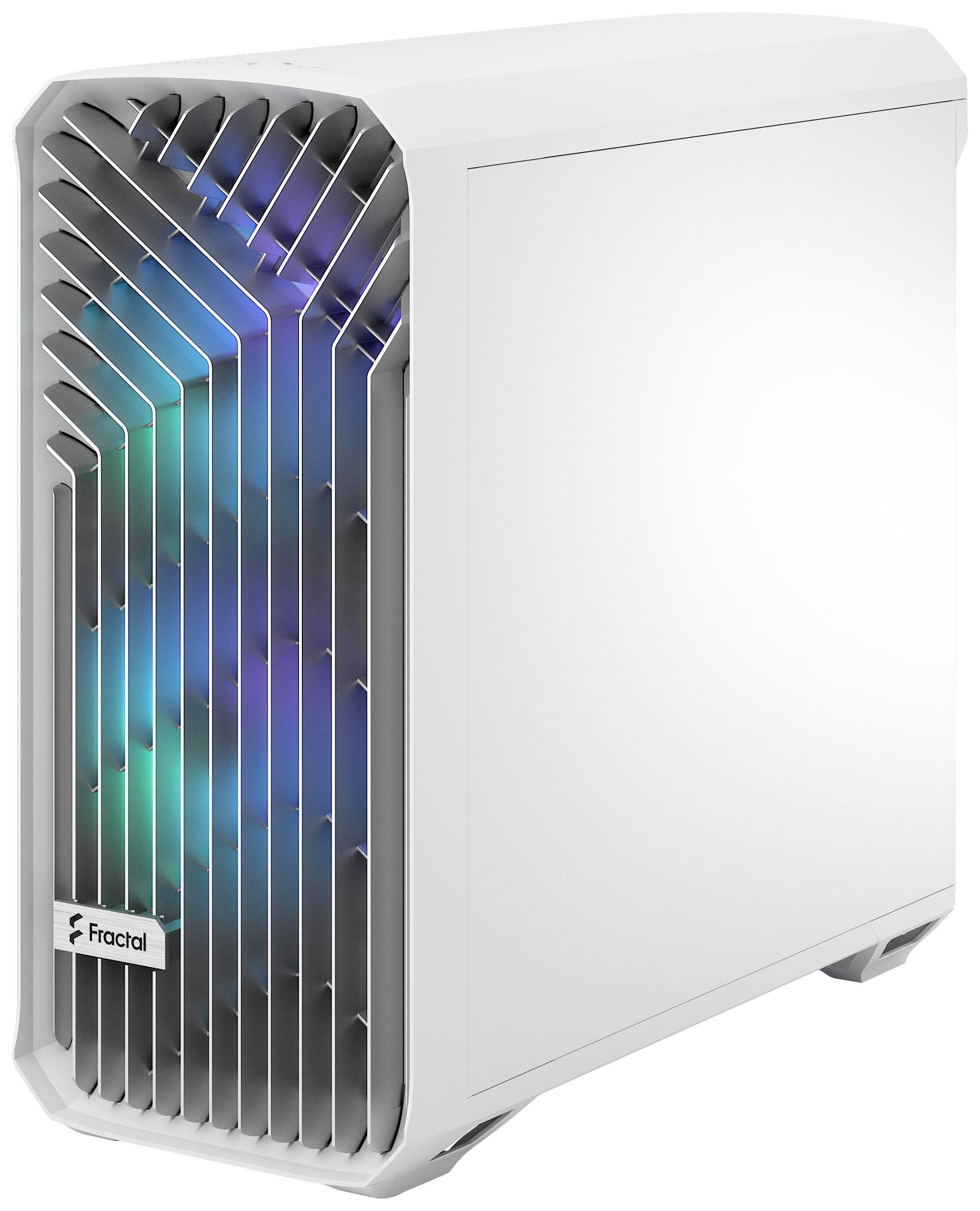 Ein weißes Computergehäuse mit einem Gitter an der Vorderseite, das bunte Lichter zeigt. Links unten befindet sich das Logo 'Fractal'.