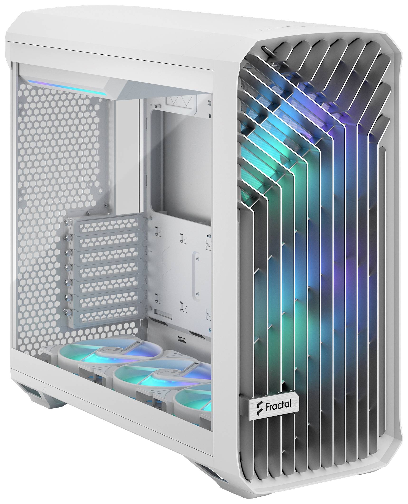 'Leeres, weißes Computergehäuse mit transparentem Seitenfenster, RGB-Lichteffekt und dem Logo von Fractal an der Vorderseite.'