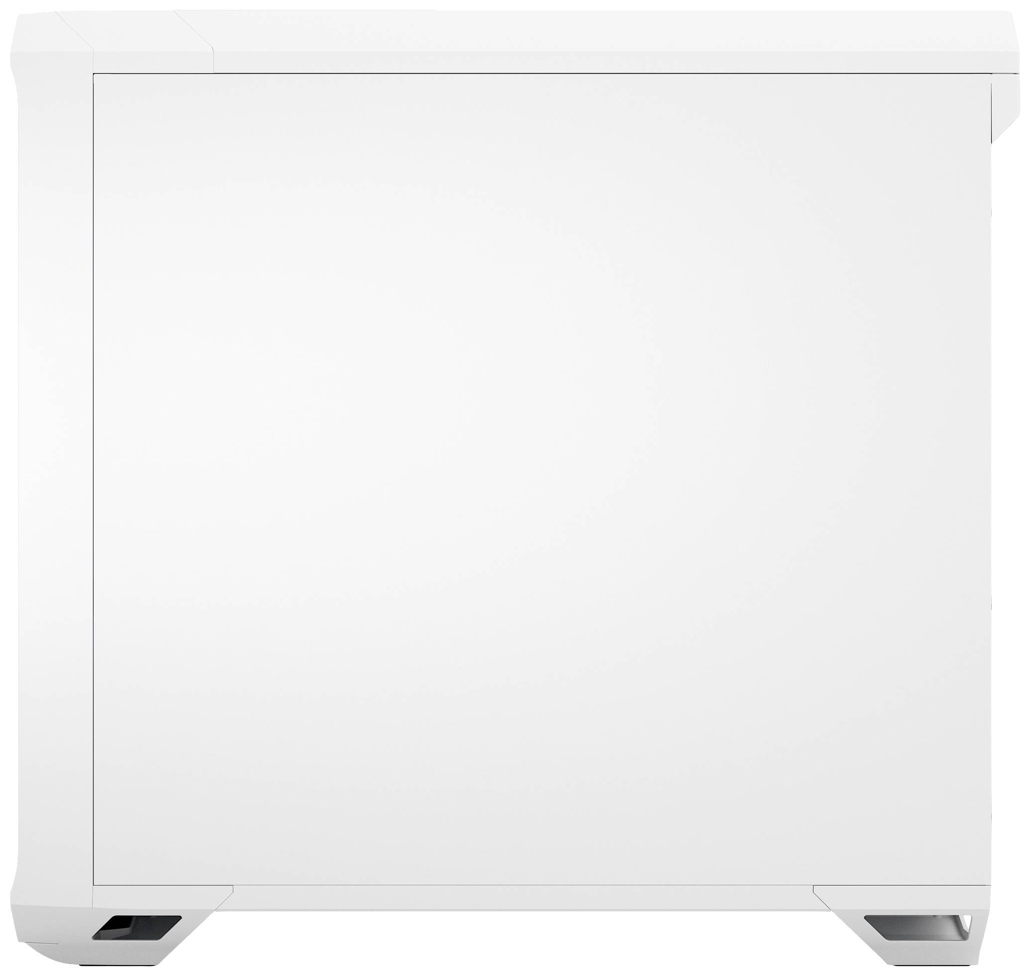 Ein weißes rechteckiges PC-Gehäuse mit schlichten Linien und abgeschrägten Ecken, das eine minimalistische Ästhetik aufweist.