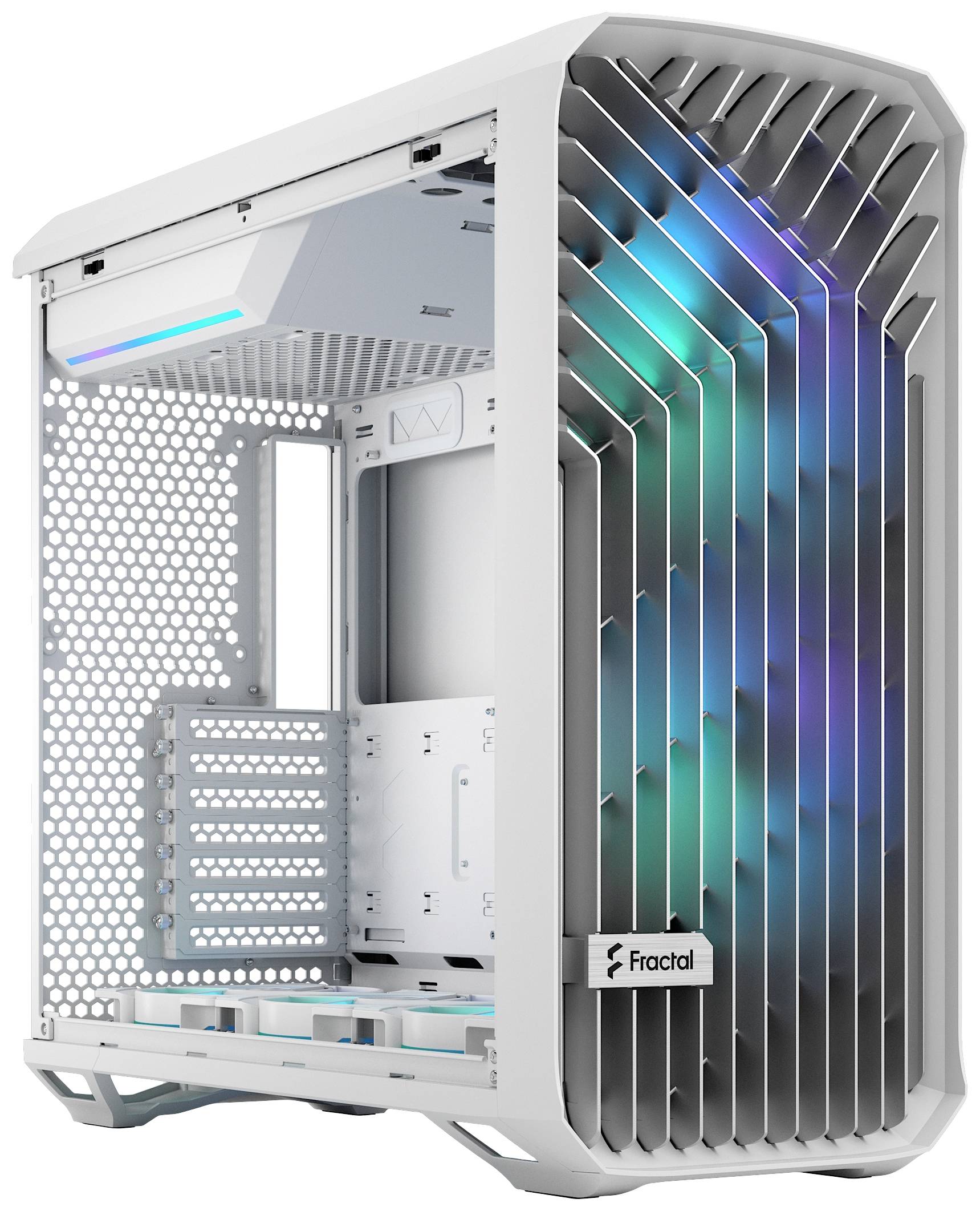 Ein weißes Computergehäuse mit seitlichen Gittern und mehrfarbiger LED-Beleuchtung. Es ist leer und für PC-Bauteile vorgesehen.
