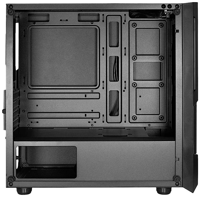 Computer-Gehäuse mit offener Seitenansicht. Zeigt leeren Innenraum mit Fächern für Hardware-Komponenten, Kabelmanagement und Montagelöcher.