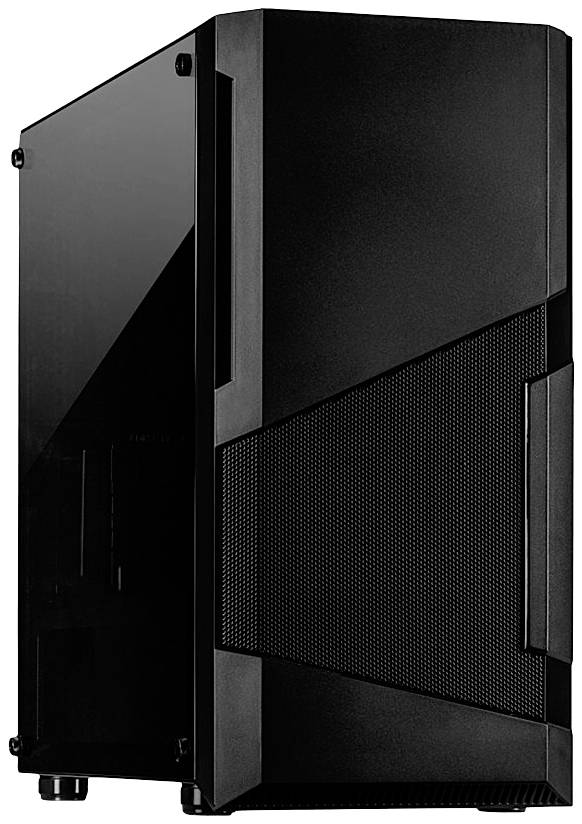 Schwarzes Computergehäuse mit transparentem Seitenfenster und strukturiertem Frontpanel, geeignet für High-Performance-PCs.