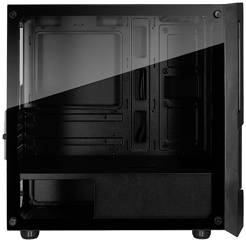 Ein leeres Computergehäuse aus Glas mit sichtbaren Schlitten und Kabeldurchführungen, bereit für den Einbau von Komponenten.