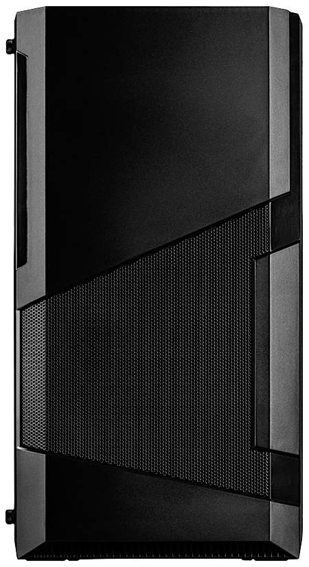 Schwarzes Computergehäuse mit diagonalem Design und Lüftungsgitter. Minimalistisches Aussehen, geeignet für PC-Hardware.