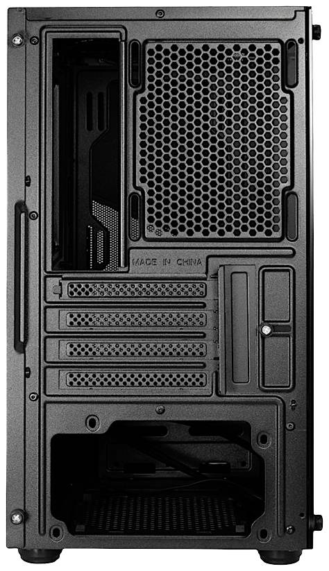 Rückseite eines Computer-Gehäuses mit mehreren Lüftungsschlitzen, Erweiterungsslots und einem Netzteilbereich unten.