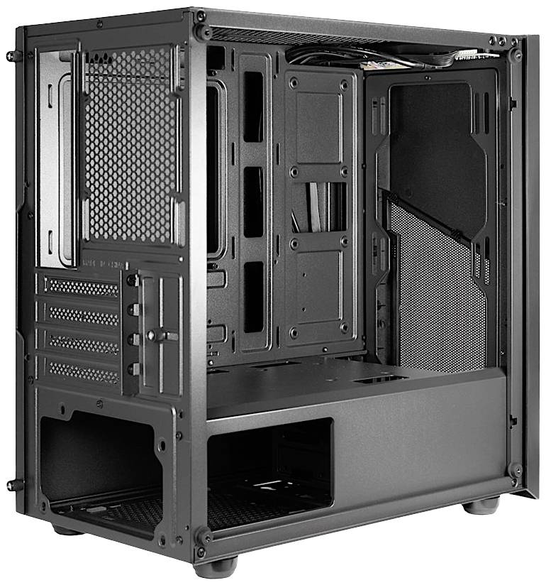 Schwarzes Computergehäuse aus Metall mit offenem Seitenteil, zeigt Innenraum für Komponentenmontage, inklusive Halterungen und Kabeldurchführungen.