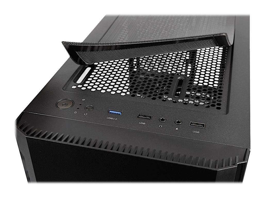 Ein schwarzes Computergehäuse mit abnehmbarem oberen Gitterdeckel zeigt mehrere USB-Anschlüsse und einen Netzschalter an der Frontseite.