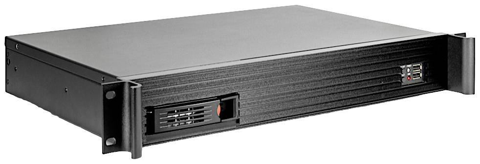 Ein schwarzer Server im Rackmount-Design mit Lüftungsschlitzen und USB-Anschlüssen auf der Vorderseite, geeignet für IT-Infrastruktur.