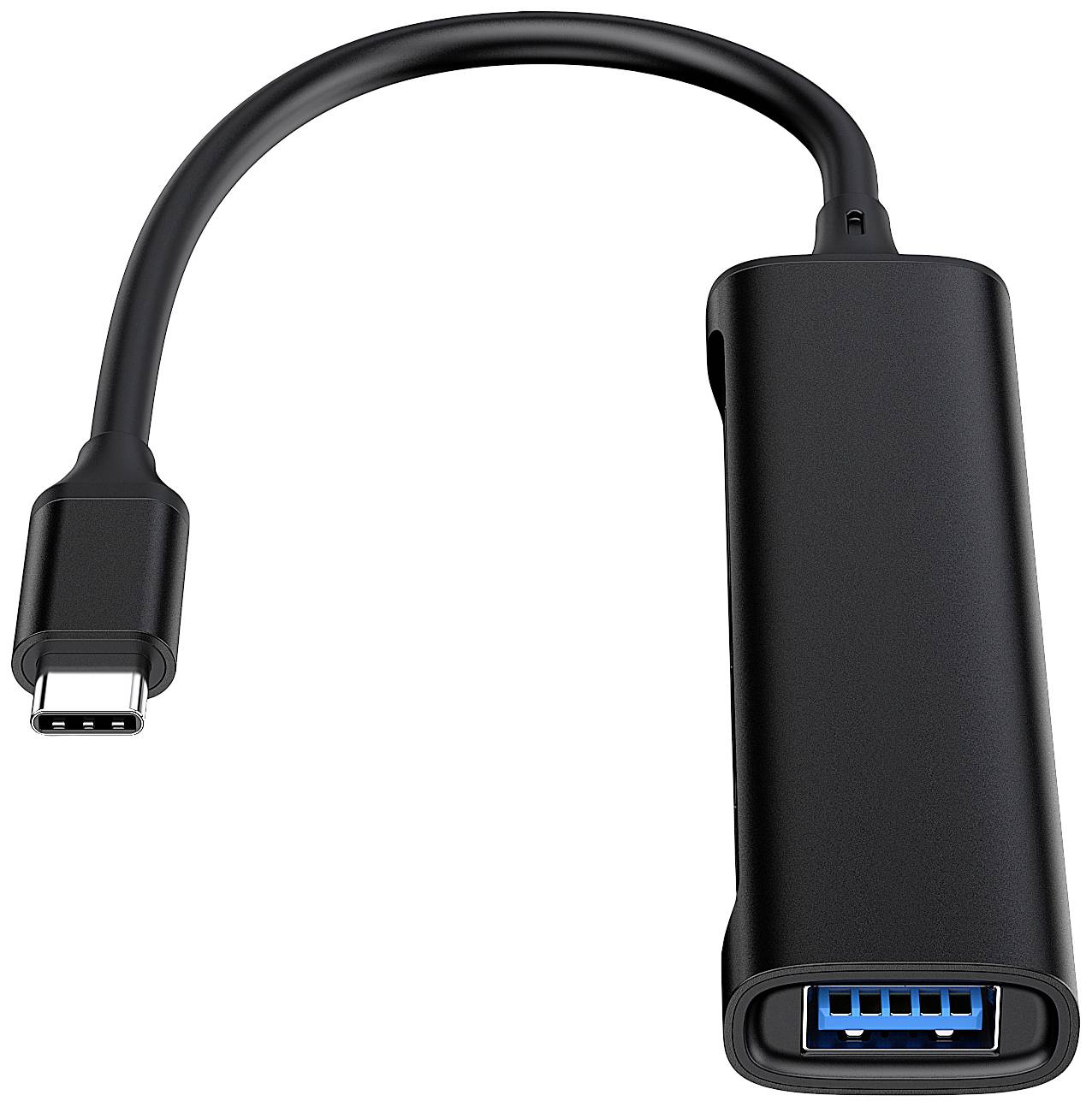 Ein schwarzer USB-C-zu-USB-Adapter mit einem kurzen Kabel. Eine Seite hat einen USB-C-Stecker, die andere einen USB-A-Port.