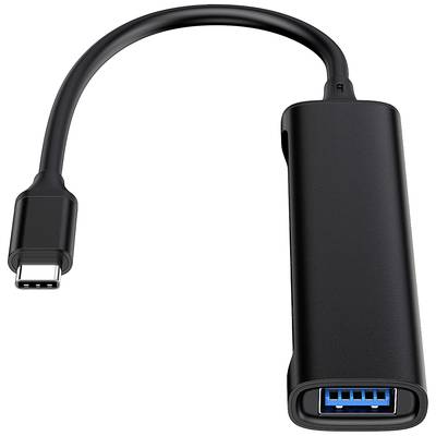 Ein schwarzer USB-C-zu-USB-Adapter mit einem kurzen Kabel. Eine Seite hat einen USB-C-Stecker, die andere einen USB-A-Port.