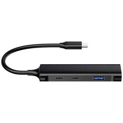 Schwarzer USB-C-Hub mit zwei USB-C-Anschlüssen und einem USB-A-Anschluss, verbunden durch ein kurzes Kabel.