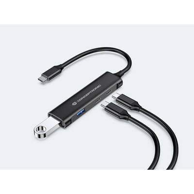 Ein schwarzes USB-C-Hub mit verschiedenen Anschlüssen und zwei Kabeln. Geeignet für den Anschluss mehrerer Geräte an einen Laptop.
