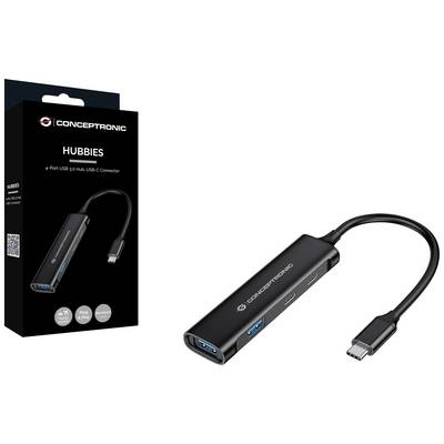 USB-Hub mit vier Anschlüssen, Schwarz, 'CONCEPTRONIC' Marke, auf Produktverpackung abgebildet.