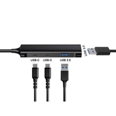 'USB-Hub mit zwei USB-C- und einem USB 3.0-Anschluss. Drei Kabel darunter: zwei USB-C und ein USB 3.0-Kabel.'