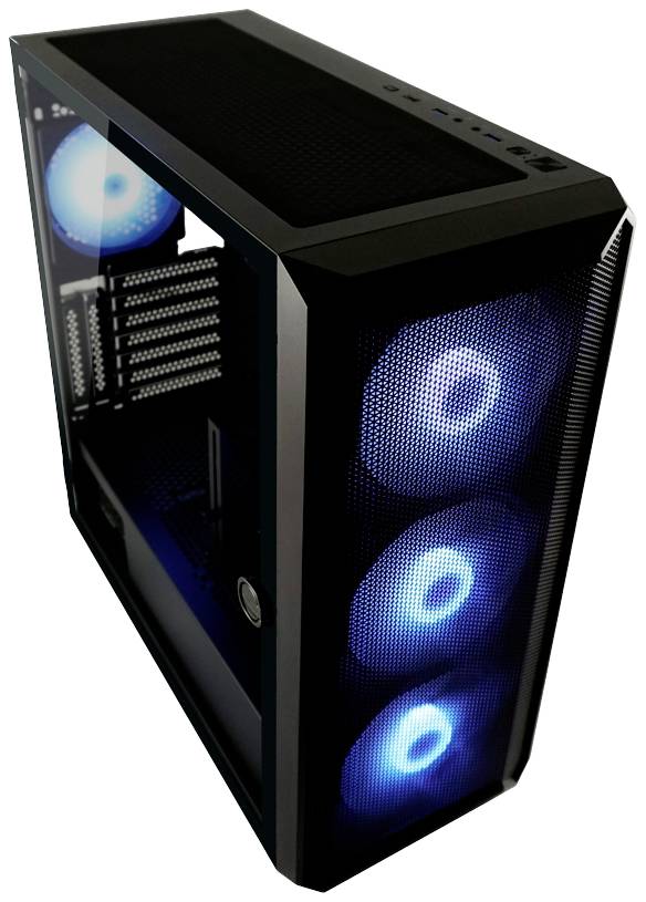 Schwarzes Computergehäuse mit transparenter Seitenscheibe, zeigt beleuchtete, blaue Lüfter an der Vorderseite und im Inneren.