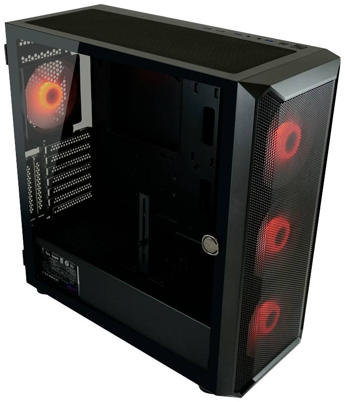 Schwarzes Computergehäuse mit roter LED-Beleuchtung; Vorderseite zeigt drei beleuchtete Lüfter, Rückseite einen weiteren Lüfter. Gehäuse ist transparent.