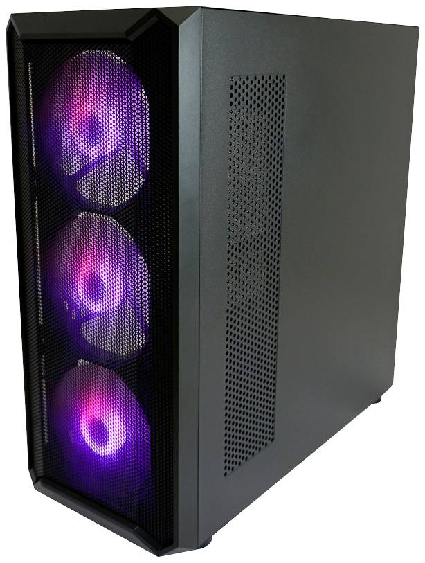 Ein Computergehäuse mit drei sichtbaren, leuchtend farbigen Lüftern an der Vorderseite, schwarz und seitlich perforiert für Belüftung.