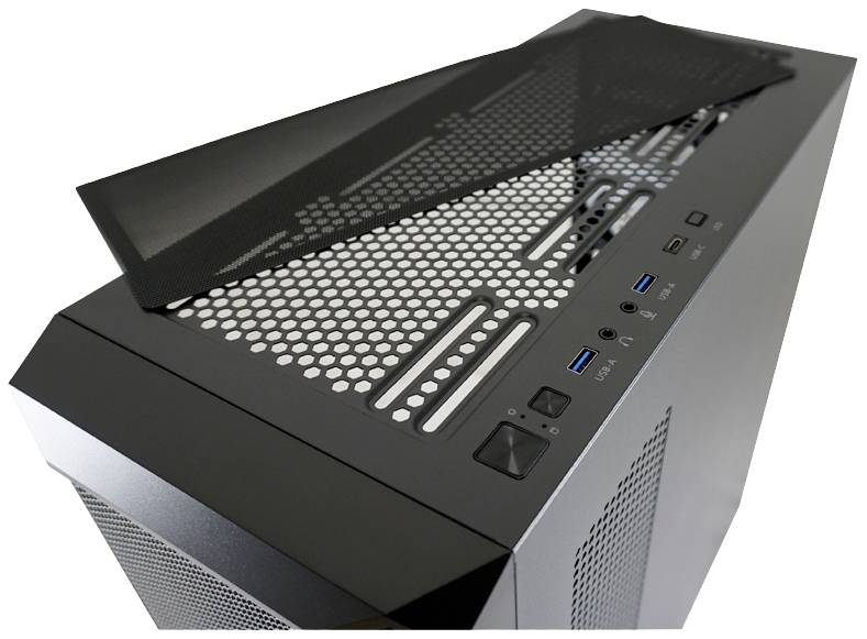 Ein schwarzes Computergehäuse mit abnehmbarer Oberseite, mehreren Belüftungslöchern und USB-Anschlüssen auf der Vorderseite.