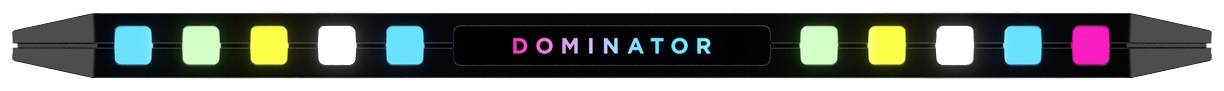 Länglicher LED-Lichtbalken mit dem Wort 'DOMINATOR' in der Mitte. Bunte Quadrate in Blau, Gelb, Grün, Weiß und Pink umgeben den Text.