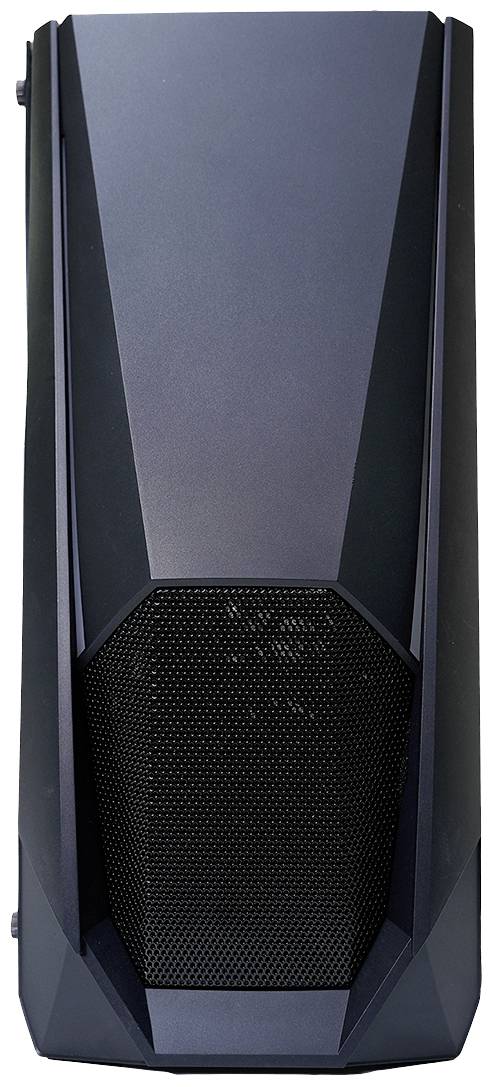 Ein schwarzes Computergehäuse von vorne, mit einem sechseckigen Lüftergitter in der Mitte und schlankem, modernem Design.