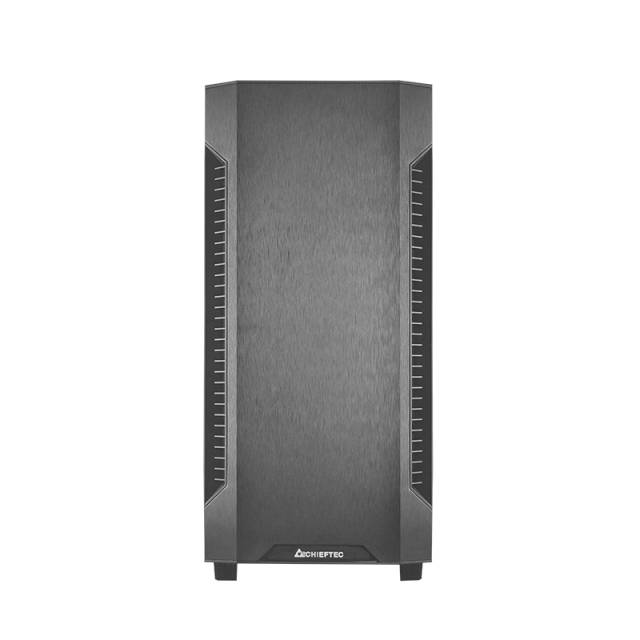 Ein schwarzes PC-Gehäuse von vorne, mit einem minimalistischen Design und vertikalen Lüftungsöffnungen an den Seiten.