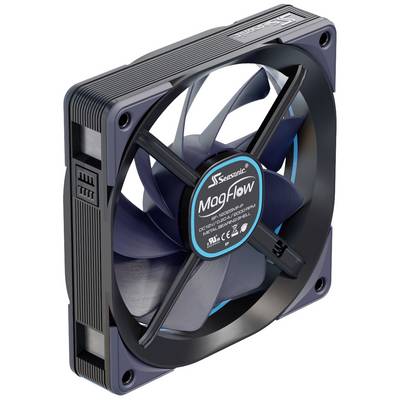 Ein schwarzer Computerlüfter von Seasonic mit dem Namen 'MagFlow', geeignet für die Kühlung in PCs, mit vier abgerundeten Rotorblättern.