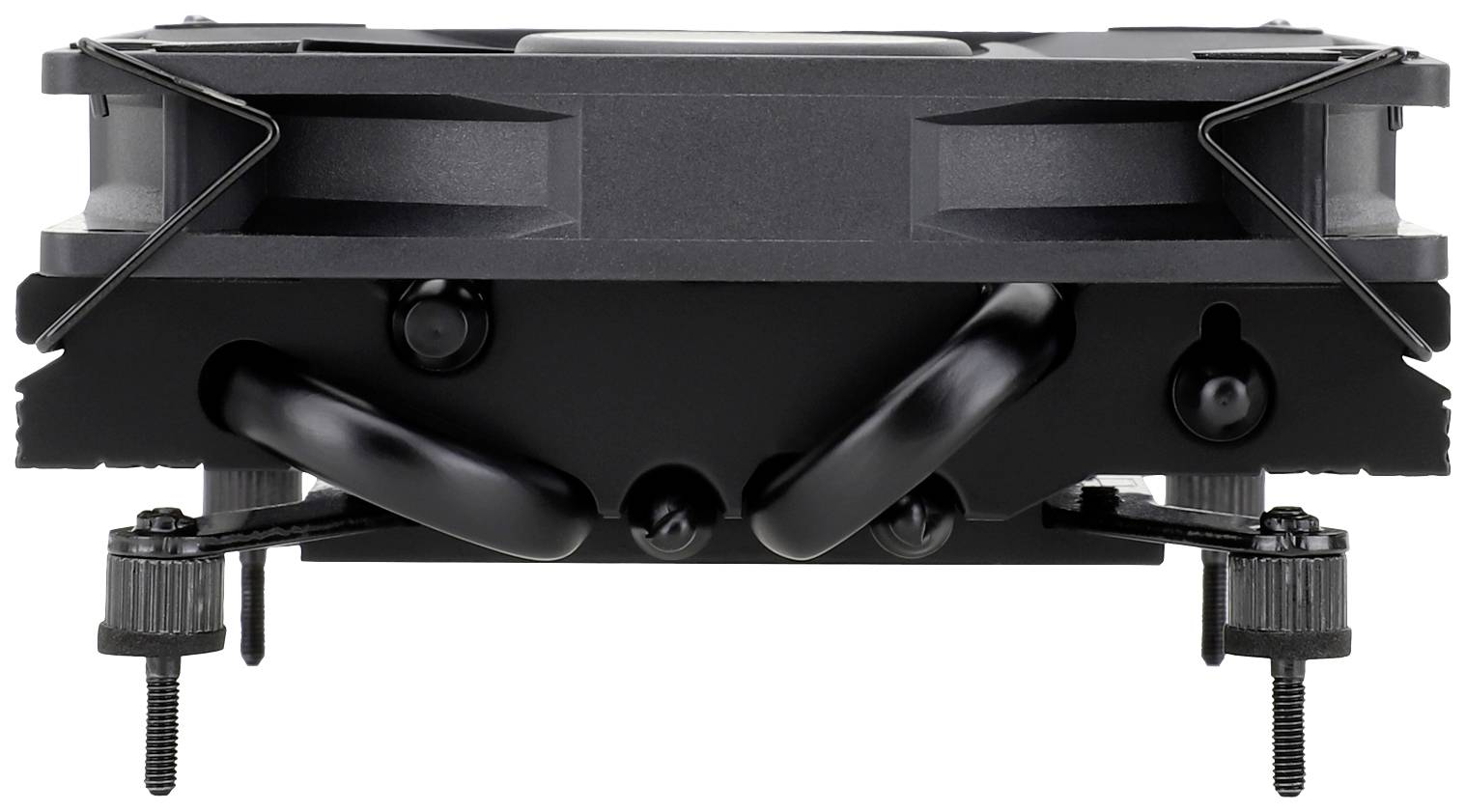 Ein kompakter CPU-Kühler mit schwarzem Kühlkörper und Lüfter, montiert auf vier Schrauben. Ideal für platzsparende PCs.