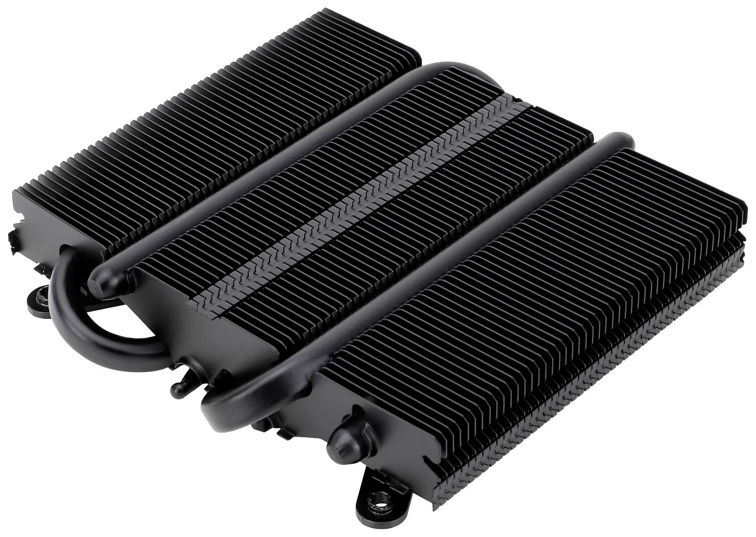 Kühlkörper mit zwei Heatpipes und mehreren Kühlrippen, schwarzes Design, dient zur Wärmeableitung in elektronischen Geräten.