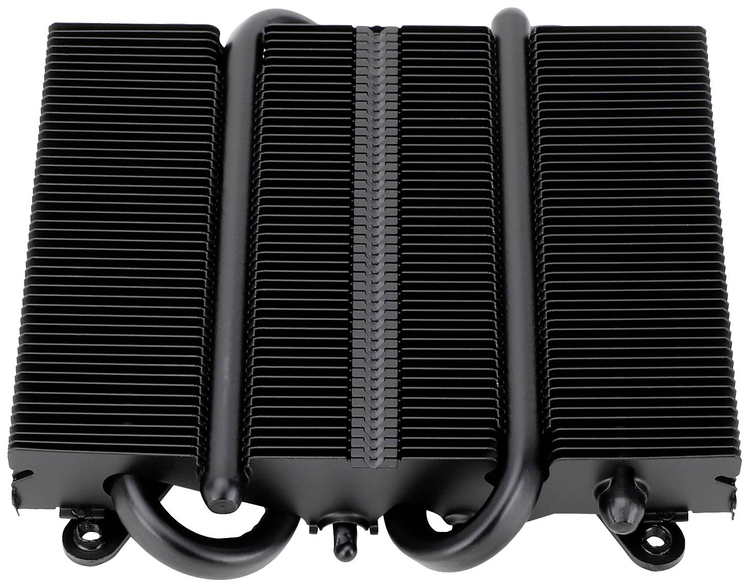 Schwarzer Kühlkörper für Computer, mit mehreren dünnen Rippen und zwei gebogenen Heatpipes zur Wärmeableitung.